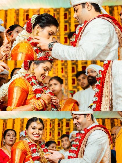 A collage capturing the sweet and intimate moments of the wedding rituals.
