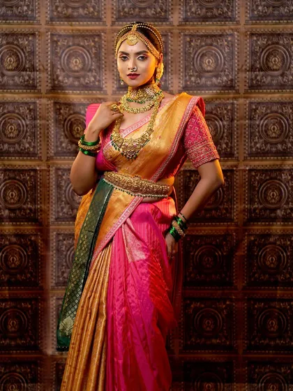 The beauty of a Kanjivaram saree is in its crisp, perfect pleats. For destination weddings or to save time, I offer a pre-pleating and box folding service so your saree is ready to wear.