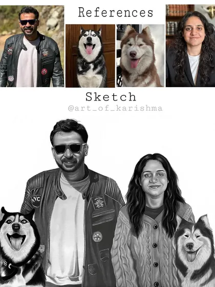 Don't have the perfect group photo? I can help. For this A3 charcoal portrait, I combined five separate photographs of a couple and their beloved huskies into one cohesive family sketch, creating a memory that never existed in a single frame.