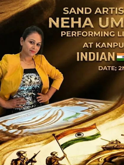 My first show of the year was for our real heroes in Kanpur. This poster captures the essence of my patriotic sand art, featuring soldiers, tanks, and the Indian flag.