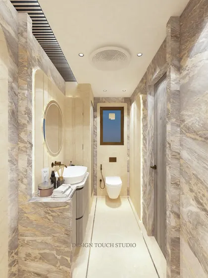 Another angle of the bathroom render, showing the layout of the vanity, toilet, and shower area in a long, narrow space.