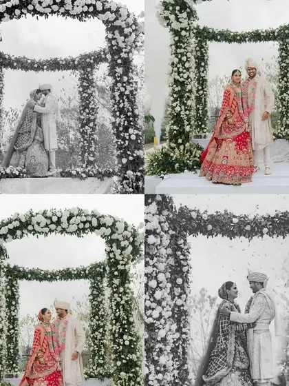 A collection of moments from a beautiful wedding ceremony, showcasing the couple under a grand floral arch. We design these picture-perfect backdrops to ensure your wedding photos are as timeless as your memories.