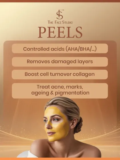 This graphic explains what chemical peels do. They use controlled acids like AHA and BHA to remove damaged outer layers of skin, boost cell turnover and collagen, and treat concerns like acne, marks, aging, and pigmentation.