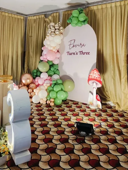 A simple and elegant fairy-themed setup for Ekvira's third birthday. This shows the initial arrangement before all the main props were added.