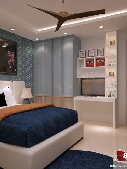 Another angle of the basketball-themed bedroom, showing the custom-built desk with open shelving and the seamless integration of the wardrobe into the room's design.
