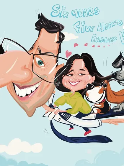 A magical family portrait created for an anniversary, featuring the couple, their two dogs, and a guinea pig flying through the clouds. I love bringing the whole family, pets included, into one fun-filled, imaginative illustration.