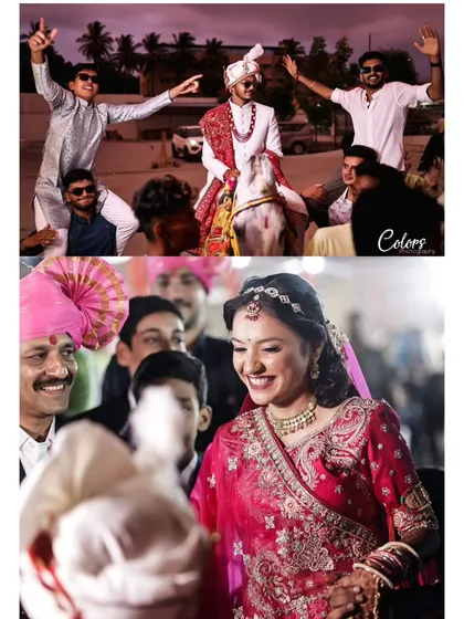 A collage showing the groom's energetic baraat and the bride's happy reaction.
