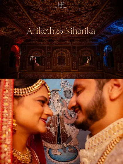 A close-up, intimate shot of the couple set against a traditional Rajasthani painting, connecting their modern love story to the rich heritage of the location. The top image shows the wider context of the beautifully painted room.