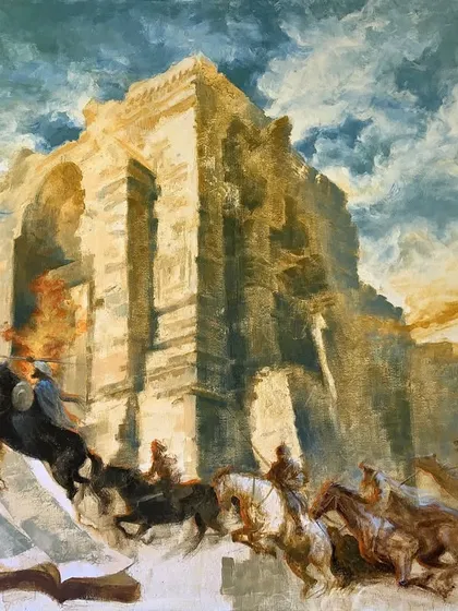 Temple of Light: Martand’s Eternal Flame" is a large-scale acrylic on canvas piece. It is a narrative work depicting a significant event in Kashmir's history, exploring themes of cultural heritage, conflict, and memory.