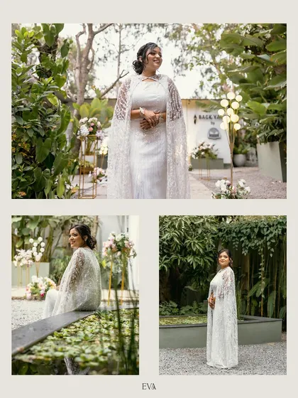 A collage showcasing the bride's stunning white engagement gown with a lace cape, captured in a beautiful garden setting.