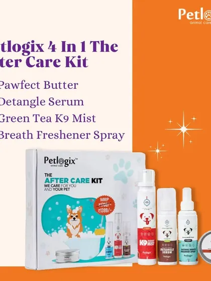 For complete, fuss-free care after a groom, I've bundled my four favorite products into this After Care Kit. It includes Pawfect Butter, Detangle Serum, Green Tea K9 Mist, and a Breath Freshener Spray to keep your pet looking and feeling great between grooming sessions.