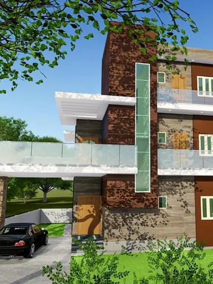A closer view of the Baraichha residence design. This angle shows the material palette, including stone cladding and wood accents, along with a covered carport integrated into the structure.