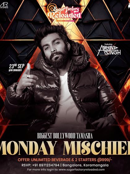 The poster for another edition of Monday Mischief at Sugar Factory, my weekly Bollywood and Punjabi party.