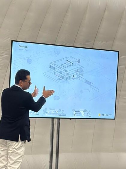 An architect from ADND Studio explains the concept behind a project during a jury presentation. My coverage delves into the details, offering insights into the design thinking of India's leading firms.
