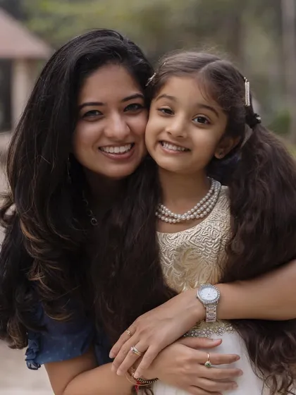 Like mother, like daughter. This classic portrait showcases the beautiful bond and resemblance between them, a moment of connection that will be treasured for years to come.