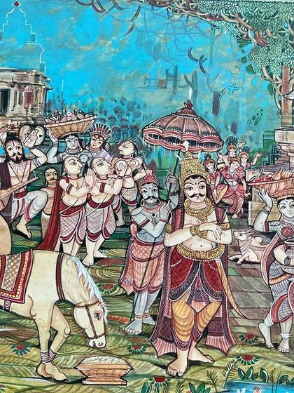 Another view of the folk fusion painting, showcasing the Hampi stone chariot and other cultural motifs.