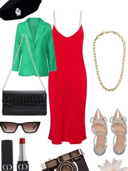 This is a digital mood board I created to showcase a bold, complementary color combination: red and green. Paired with neutral accessories, this pairing is perfect for a party or festive event. In my styling sessions, we create similar boards to plan your outfits.