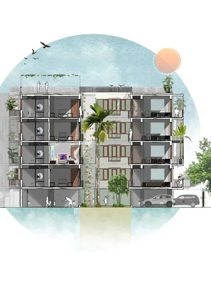 The courtyard is the heart of a home. This architectural section drawing shows how a central open space can bring natural light and hawa deep into every room. It creates a shared space for families to connect and ensures the home feels alive and ventilated, reducing the need for artificial lighting and cooling.