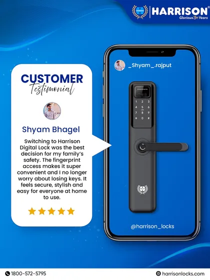 Hear directly from a happy customer, Shyam, who loves the convenience and security of his Harrison Digital Lock. His testimonial highlights the ease of fingerprint access and the peace of mind that comes with a stylish, easy-to-use, and secure system.