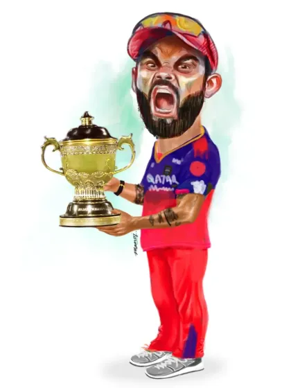 A caricature capturing the raw passion of Virat Kohli after a historic IPL win. I love creating dynamic sports caricatures that freeze a moment of intense emotion and victory, making for a powerful piece of fan art or a motivational poster.