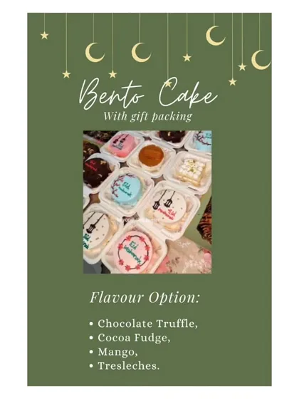 Part of my Eid menu, this graphic showcases the bento cake options available. I offer flavors like Chocolate Truffle, Cocoa Fudge, Mango, and Tres Leches.