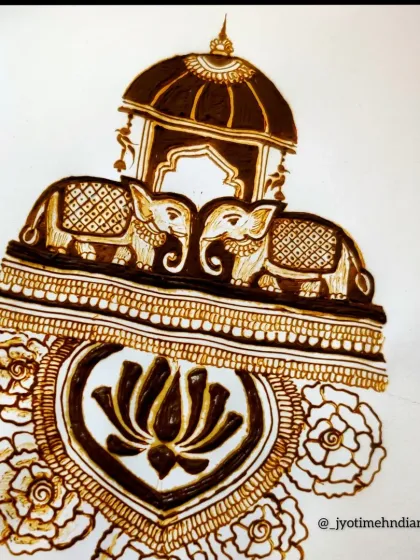 This design features two elephants under a dome, combined with a lotus heart. I teach how to create these symbolic and narrative compositions.