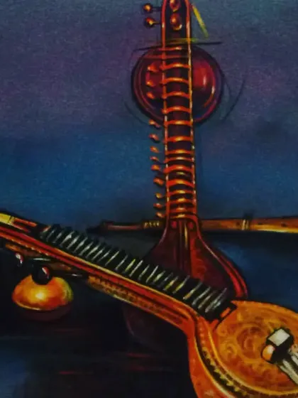 A still life composition featuring classical Indian string instruments, the sitar and veena. The painting's warm tones and elegant arrangement celebrate the rich heritage of Indian music.