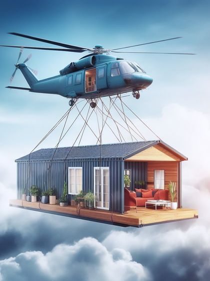 An AI-generated concept of a home being delivered through the clouds. This represents the dream-like quality of seeing your perfect home appear, seemingly out of thin air.