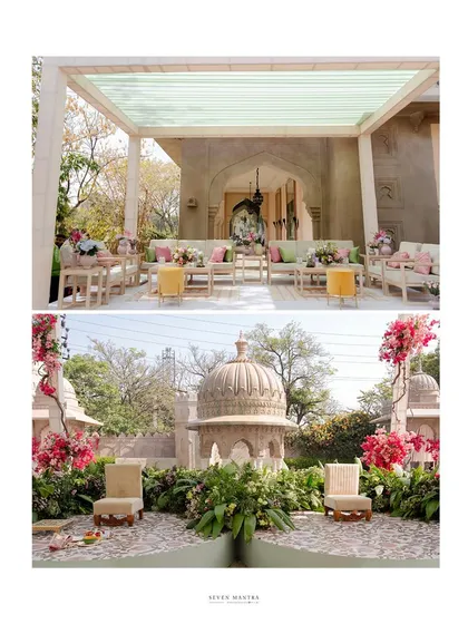 A look at two distinct decor setups I styled for a single wedding. The top shows a relaxed, pastel-themed lounge area, while the bottom features a more traditional and ornate mandap space, showcasing my ability to create multiple aesthetics for one event.