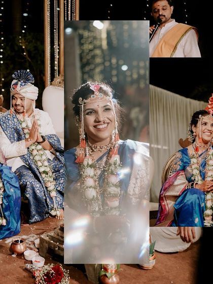 The joy of the ceremony is captured in this collage. The bride's bright, happy smile is the centerpiece, surrounded by moments of the couple together during the wedding rituals, lit by the warm glow of the venue.