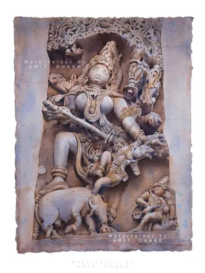 This is a watercolour painting from my signature stone series, depicting "Mahishasur Mardini". I am deeply inspired by the ancient sculptures at places like Ellora, and with this series, I try to capture that timeless, carved-in-stone feeling on paper.