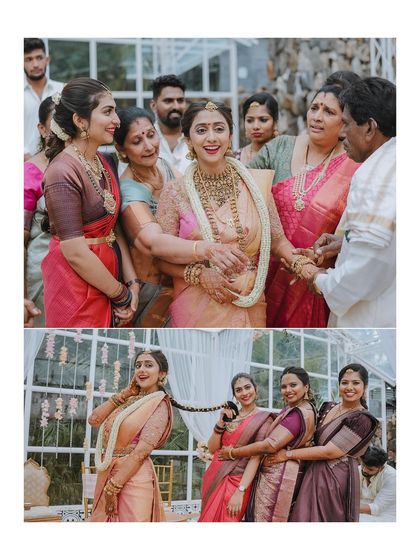 A collage of the bride with her family and bridesmaids, capturing moments of love and playful fun.