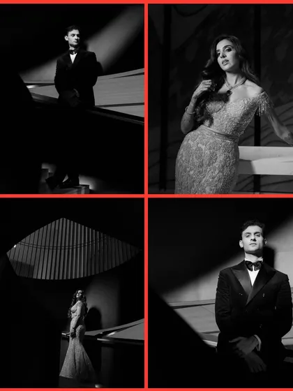 A collection of high-contrast, black and white portraits. These shots focus on form, expression, and mood, creating a series of artistic and dramatic images for the couple.