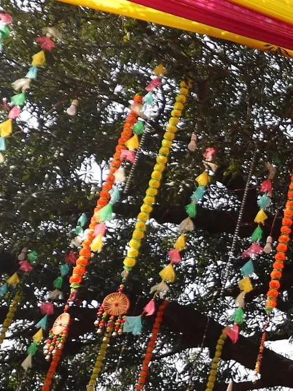 A closer look at the colorful hangings from the trees. We use a mix of marigold flowers and other decorative tassels to create a beautiful canopy of color for your outdoor functions.