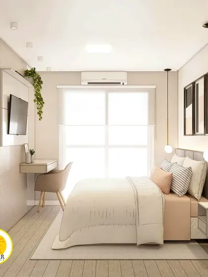 A full view of the bedroom, showing the bed, study desk, and the large window that fills the room with light.