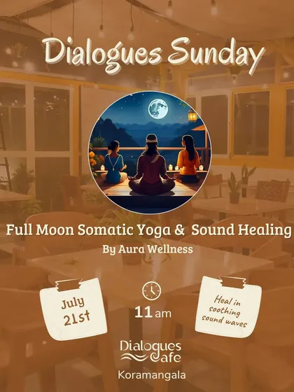 An event graphic for our "Dialogues Sunday" wellness session, inviting you to heal in soothing sound waves under the full moon.