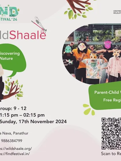 This poster for the WildShaale workshop invites parents and children to rediscover nature together. The image of kids in animal masks captures the fun and immersive approach I take to teaching wildlife conservation.