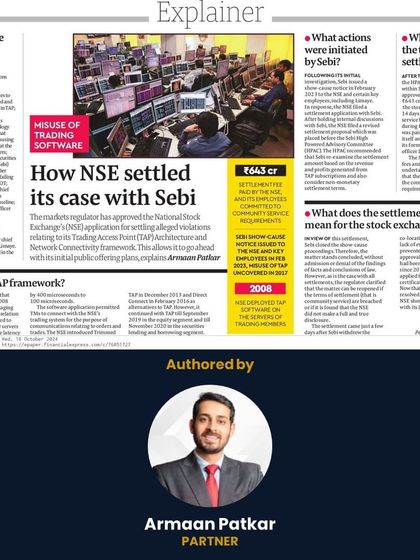 I authored an article for the Financial Express explaining the NSE's settlement with SEBI regarding its trading access framework. The piece details the background of the case and the implications of the settlement for the stock exchange's planned IPO.