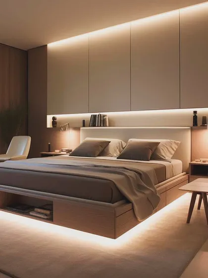 A bedroom design focused on functionality, featuring a bed with built-in storage drawers underneath. The headboard extends into a full wall panel with shelving and integrated lighting, maximizing storage in a stylish way.