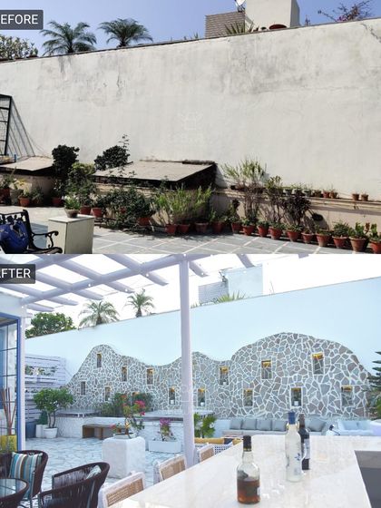 We turned this plain wall into a whimsical, stone-clad feature wall reminiscent of a mountain landscape. This before-and-after highlights our ability to create unique, artistic elements.