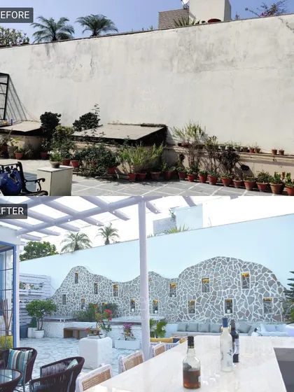 We turned this plain wall into a whimsical, stone-clad feature wall reminiscent of a mountain landscape. This before-and-after highlights our ability to create unique, artistic elements.