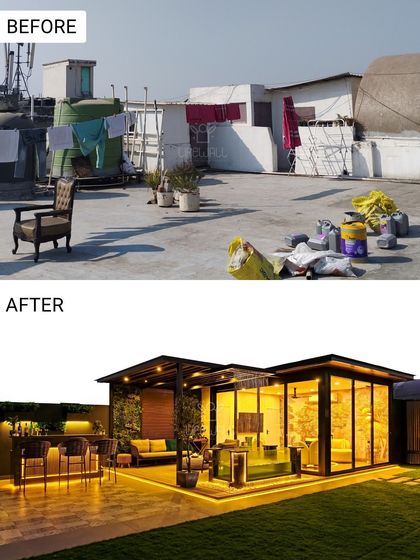 From a messy, unused space to a complete outdoor living solution. This before-and-after shows the addition of a glass house, a pergola, a bar, and a water feature, all seamlessly integrated.