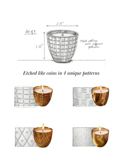 This design sketch for my Metallic Votive collection shows how each candle is etched like a coin in four unique patterns. It's a glimpse into how an idea is transformed into an object of art, memory, and illumination.