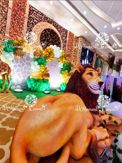 A close-up shot of the majestic 3D lion prop, showcasing the realistic detail that makes my high-end safari themes so impressive.