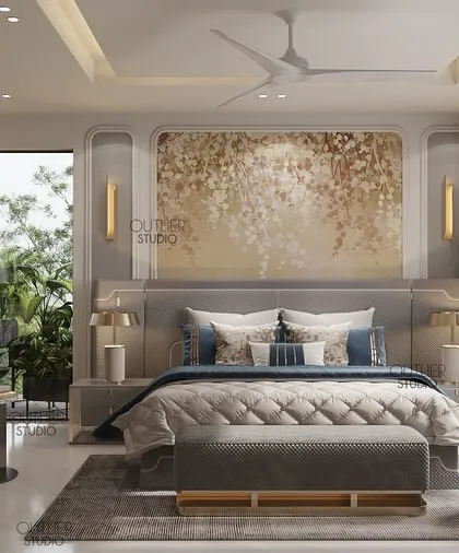 This master bedroom is a serene retreat designed to connect with nature. I incorporated large windows to flood the space with light and provide views of the lush greenery, complemented by a custom art panel and a cozy chaise lounge for quiet moments.