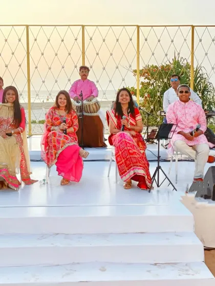 My team of singers and musicians performing on the beachside stage in Goa.