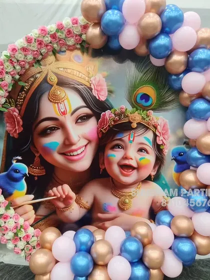 A closer view of the Krishna themed backdrop, showing the vibrant colors and floral details.