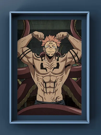 A framed digital illustration of Ryomen Sukuna from the anime Jujutsu Kaisen. If you're a fan of anime or manga, I can create custom character art with sharp lines and dynamic colors.
