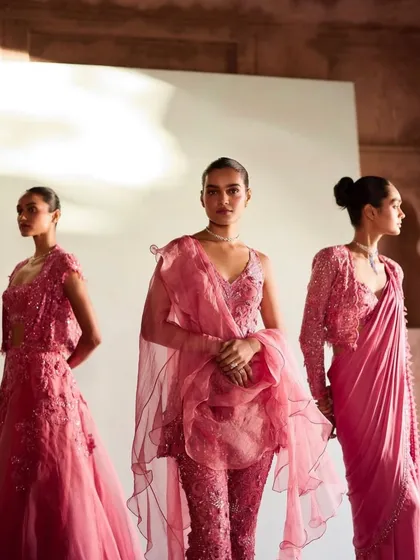 This is a frame from a campaign I styled for an Indian couture brand. My goal was to create a dreamy, cohesive story with rich textures and soft silhouettes, showcasing three distinct but related looks for a bridesmaid collection.