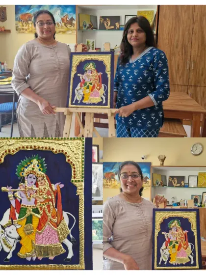 Here is a beautiful example of a completed Tanjore painting by my student, Hamsa. This traditional art form involves intricate gold foil work, delicate brush strokes, and stone embellishments, and I guide my students through every step of this classic South Indian art.